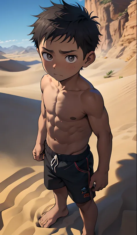 (masutepiece, Best Quality),1boy,(younge boy,child-faced,Boys face),a baby face,infancy,sideface,Naked standing in the desert,infancy,young age,short round face,Flat chin,finely detaild face,Gray shorts,well-muscled，short-hair,radiant eyes,opens his eyes w...