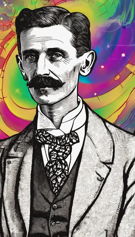 um homem, foto retrato (Nikola Tesla), 30 anos, leve sorriso, olhar sonhador, Enclosed by holograms of mathematical formulas, Stars and galaxies in the background, Vestido dos anos 30, cena detalhada, anatomia exata, Rosto exato, ambiente escuro.