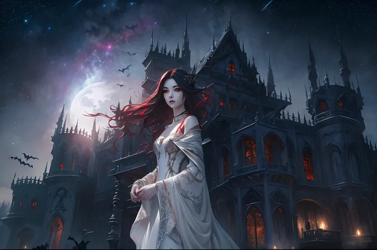 a picture of an exquisite beautiful female vampire standing under the starry night sky on the porch of her castle, dynamic angle (ultra detailed, Masterpiece, best quality), ultra detailed face (ultra detailed, Masterpiece, best quality), ultra feminine, g...