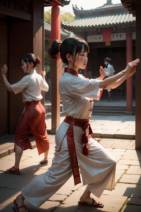 Several Chinese women fighting tai chi in ancient clothes in an ancient temple