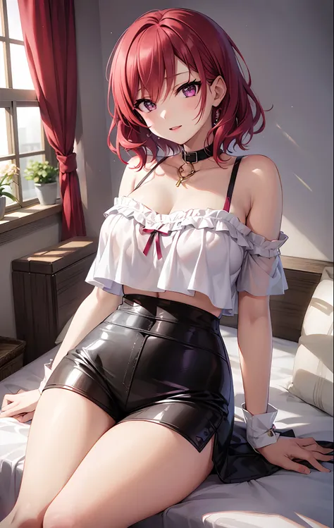 nishikino maki, purple eyes,((short red hair)), blouse, white shorts, brown pantyhose, (midriff:0.8), (lips:0.7), llchar