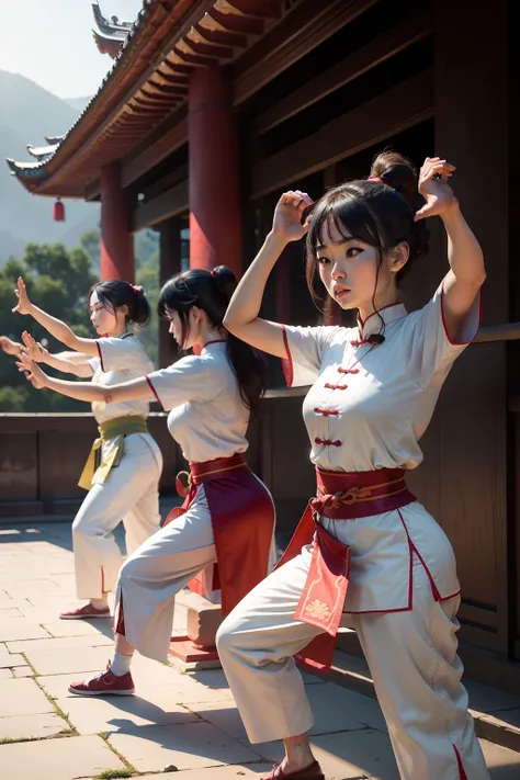 Several Chinese women fighting tai chi in ancient clothes in an ancient temple