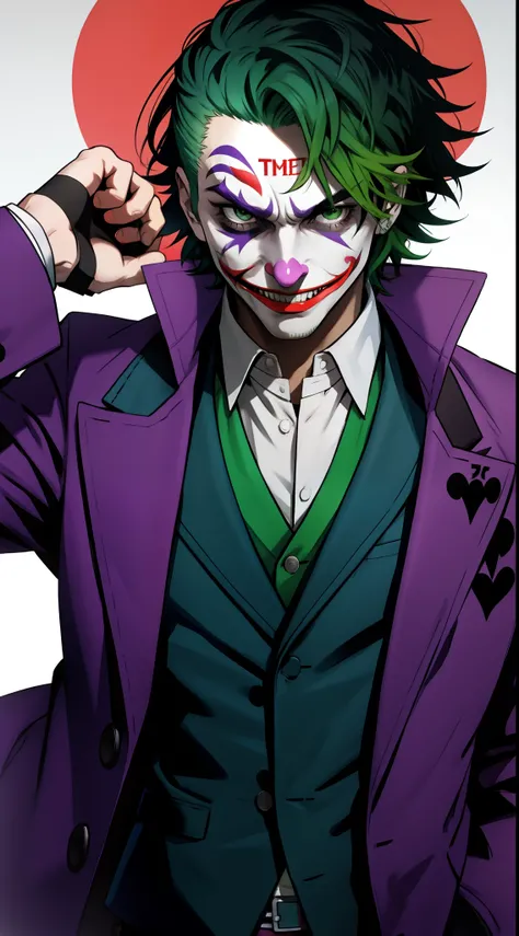 Joker, green hair, purple jacket,