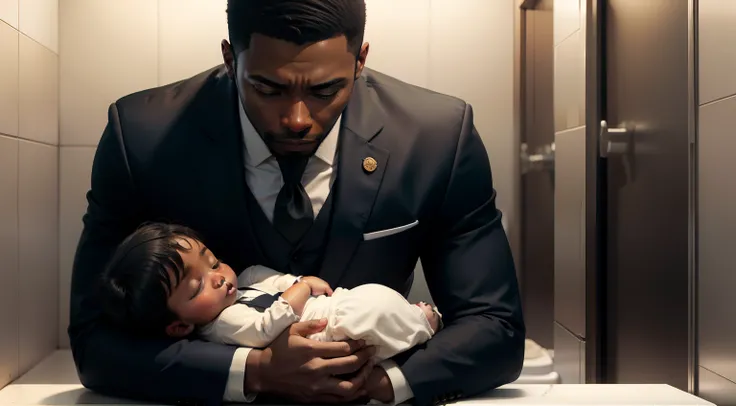 Black man in suit and black baby sleeping in a public toilet with sheet