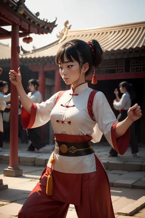 Several Chinese women fighting tai chi in ancient clothes in an ancient temple