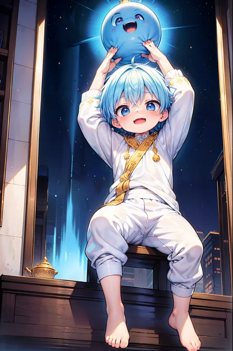 4k, (masterpiece:1), little boy with blue colored hair and shiny, glowing cyan eyes and barefoot, arms up, epic, cinematic, youn...