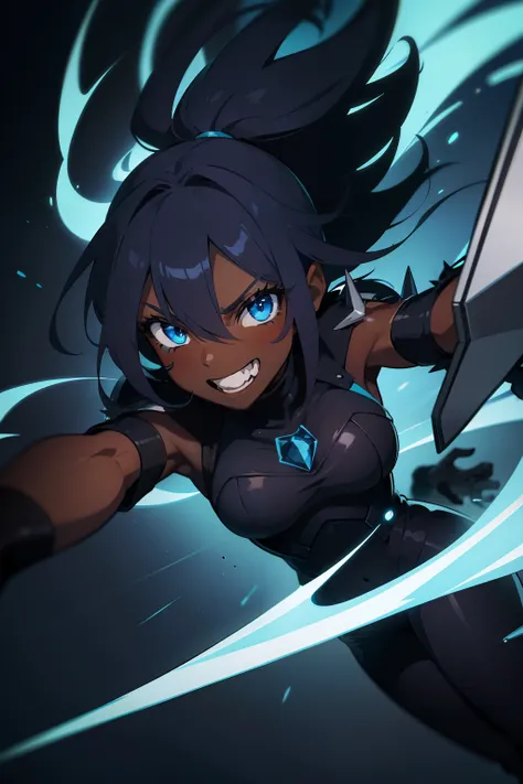 dark skin, dark blue spiky hair, female, grin, mouth open, light blue eyes, fighting stance