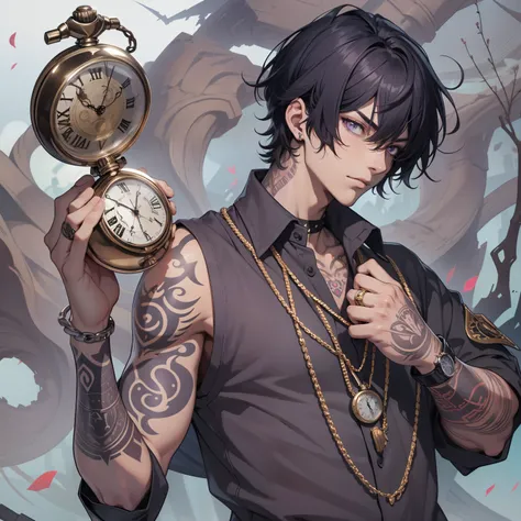 young man, neck tattoo, in his hand he holds a pocket watch, medium black hair, Purple eyes, 1st grade, olhar provocativo, franja, rebelar-se, Man, a pocket watch in hand, anime