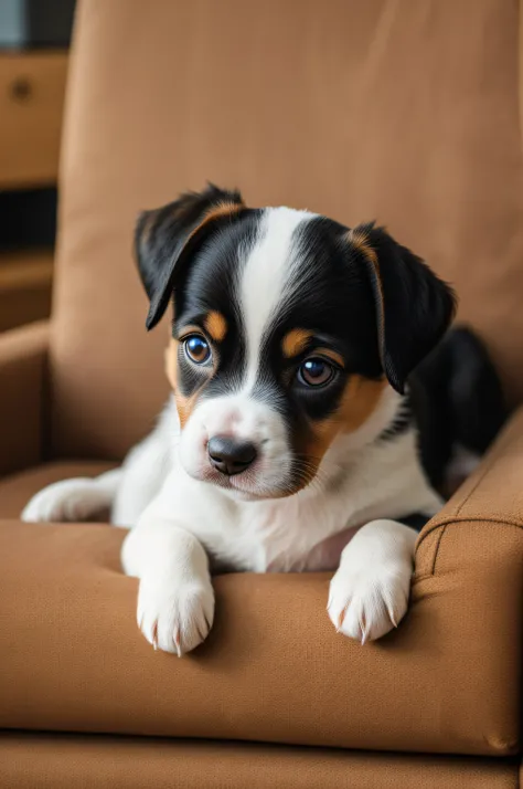 a little and cute puppy jumping in sofa realistic, close-up,