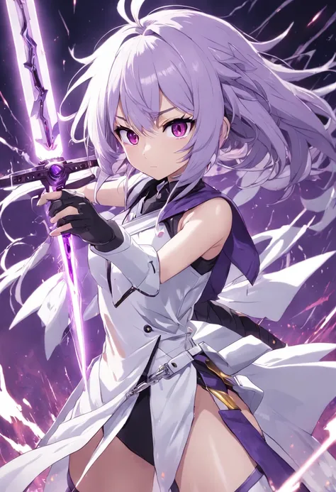 Ketin character, GenshinImpact, Electro devices, white  clothes, Loose purple hair, hold Sword