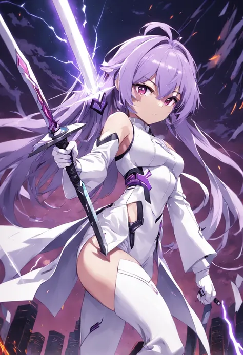 Ketin character, GenshinImpact, Electro devices, white  clothes, Loose purple hair, hold Sword