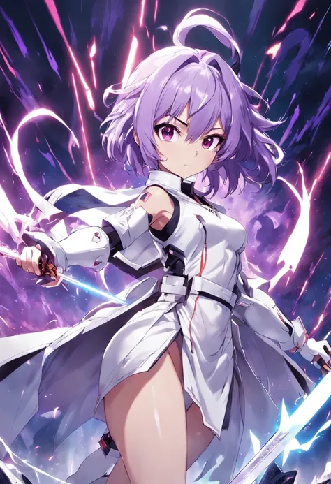 Ketin character, GenshinImpact, Electro devices, white  clothes, Loose purple hair, hold Sword