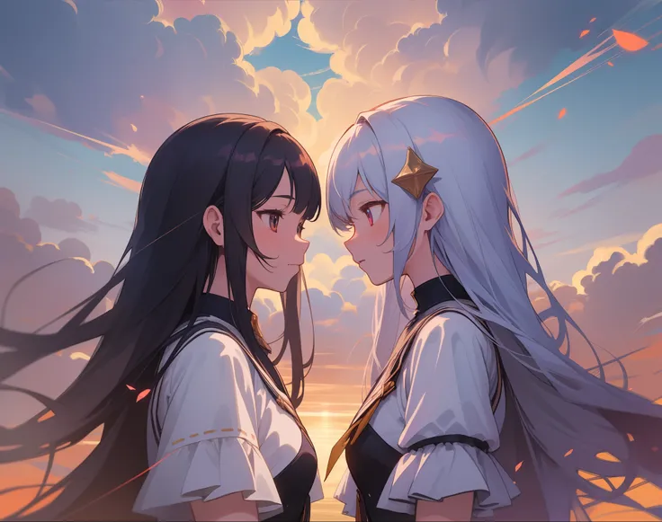 (MejiroMcQueen, End of Sky); TokaiTeio, beyond the horizon; Fan art; cinematic angle,
 (2girls:1.3), yuri, standing next to each other, cloudy sky