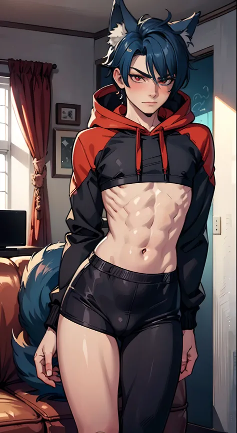 ((((((1boy)))))), fluffy vibrant blue hair, wolf ears, wolf tail, slim figure, ((pale skin)), RED eyes, dead expression, living room setting, seductive smug, baggy black hoodie, lean figure, big thighs, very slim waist, extremely big butt, bulge, thigh hig...