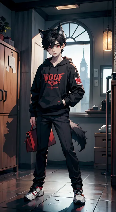 ((((((1boy)))))), fluffy pitch black hair, wolf ears, wolf tail, slim figure, ((pale skin)), RED eyes, dead expression, baggy black hoodie, lean figure