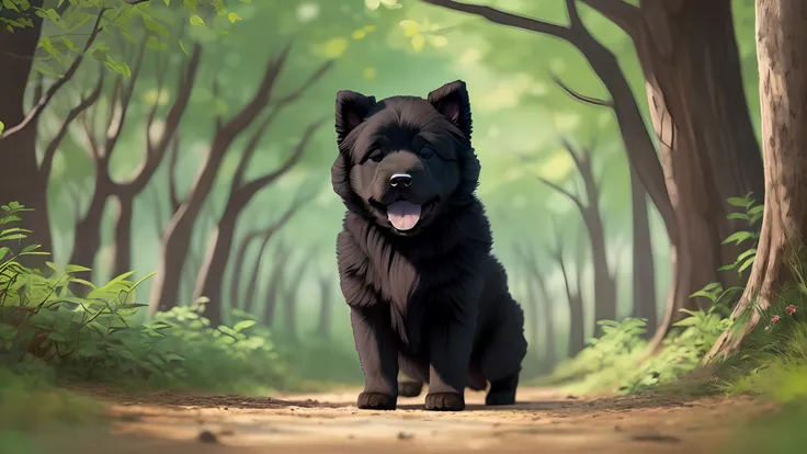 raising a black chowchow puppy, illustration style, in a forest playing happily, --auto --s2