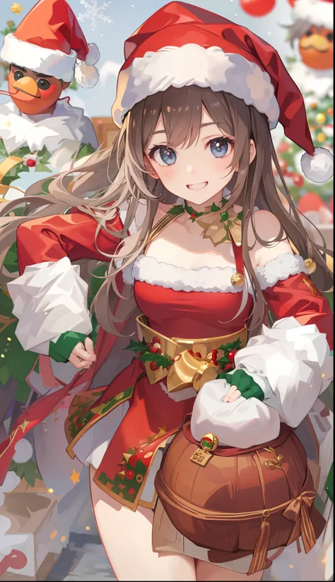 1girl in、A smile、Christmas、Dressed in Santa Claus costume、