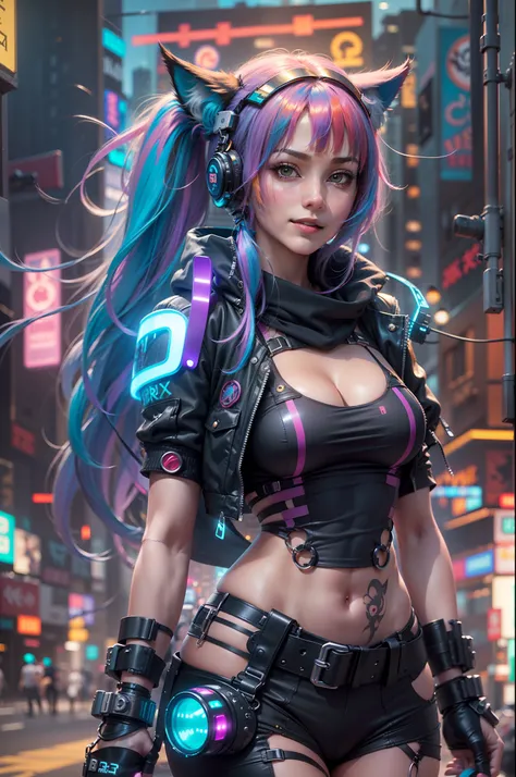 (RAW photo, best quality, masterpiece:1.2), (realistic, photo-realistic:1.4),(masterpiece:1.4),(best quality:1.4), ((sexy cute Japanese cyberpunk catgirl)), ((slender body)), big breasts, :d, (bangs), blush, ((colorful body harness)), ((dynamic pose)), cow...