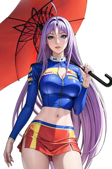 ((Formula One)), race track, miniskirt, crop top,background, perfect eyes:1.2, detailed eyes:1.4, very long hair, ahoge, cowboy shot, (PhotoRealistic:1.4), umbrellaLORA, holding umbrella, Maya-Natsume-KJ, race_queen, clothing cutout, looking at viewer, Ult...