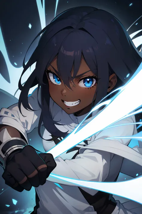 dark skin, dark blue spiky hair, female, grin, mouth open, light blue eyes, fighting stance, white clothing