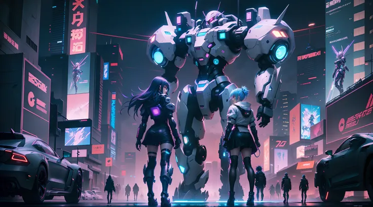 Anime characters walking through the city at night under neon lights, Digital cyberpunk anime art, cyberpunk anime girl mech, anime cyberpunk art, anime mecha aesthetic, digitl cyberpunk - anime art, Anime cyberpunk moderno, cyberpunk anime art, Best anime...