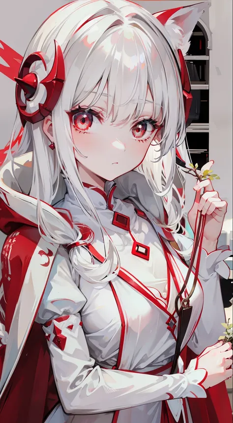 Creamy white hair，Deep red pupils，Bigchest，Red and white clothes，A cute and cute rune cultivator girl