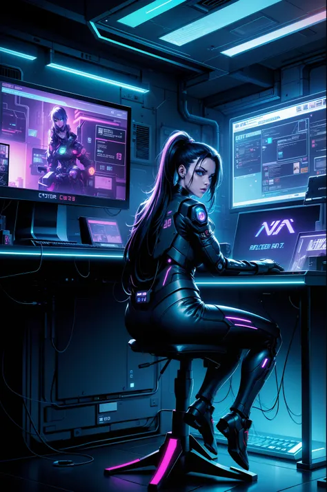 Hot gamer girl sitting in front of a dimly lit computer lab with lots of monitors and a keyboard, super military computer, W.O.P.R, cyberpunk setting, Cyber punk configuration, cyber neon lighting, cyber space, cyberpunk with neon lighting, lights cyber ne...