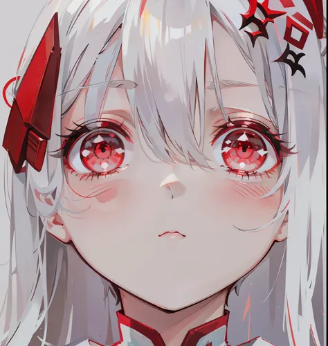 Creamy white hair，Deep red pupils，Bigchest，Red and white clothes，A cute and cute rune cultivator girl