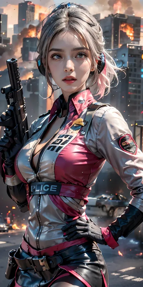 (Photorealistic, Ultra High Definition), ((close up:1, looking at viewer)), Soft light,1 police lady, Night City, (Detailed face), (Pink coiffed short-Hair: 1.3), (cloths color base on silver black pink red white), Futuristic Racing Suits, Police costume l...