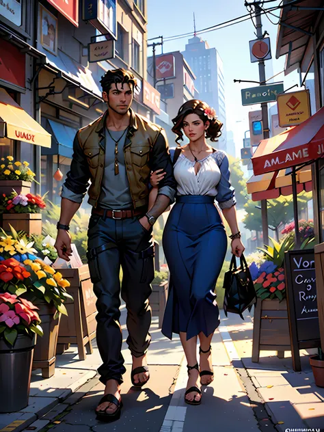 there is a man and woman standing in front of a store, flower shop scene, romance novel cover, detailed scene, stylized urban fantasy artwork, in city street, beautiful screenshot, life simulator game screenshot, hyper detailed scene, realistic fantasy ren...