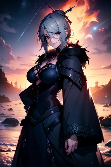 young woam, white hair, fur dress, arms tattoed, dark eye shadows, red eyes, smiling, on a beach, at night, stars in the sky, da...