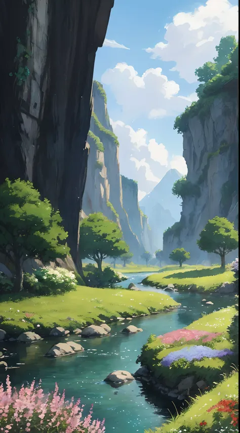 there is a painting of a river with flowers in the foreground, ross tran. scenic background, beautiful anime scenery, scenery artwork, anime landscape wallpaper, anime nature, anime landscape, 4k highly detailed digital art, anime countryside landscape, be...