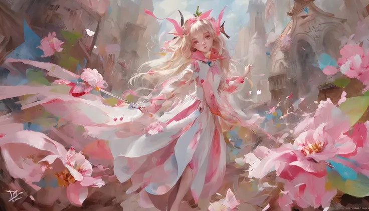 photoRealstic,She is a magical girl、Magic wand and magical creatures、Fight in the ruins of the city、Completely unbeatable cuteness、Cherry blossom petals