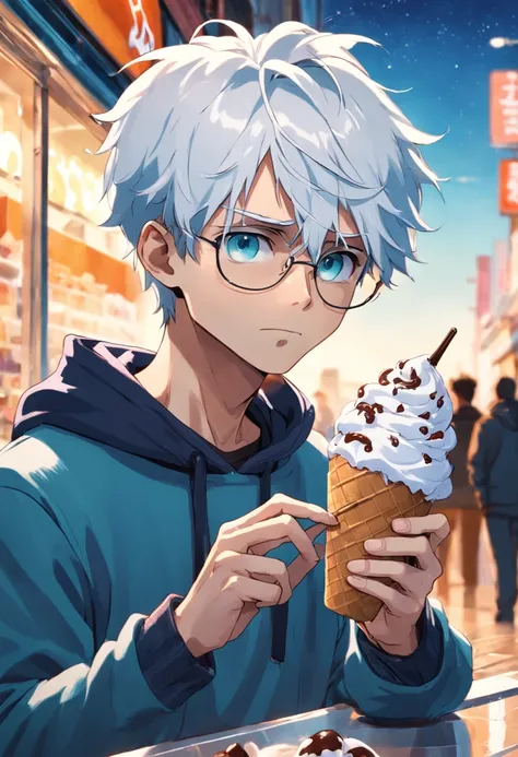 A trendy white-haired man with a hoodie and glasses, savoring a delicious ice cream while engrossed in his phone at a hip ice cream parlor.