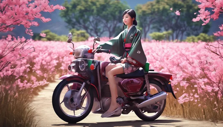 photoRealstic,Kaguya in a kimono, A smile, kawaii, accessorized, Girl riding motorcycle on summer rice field road