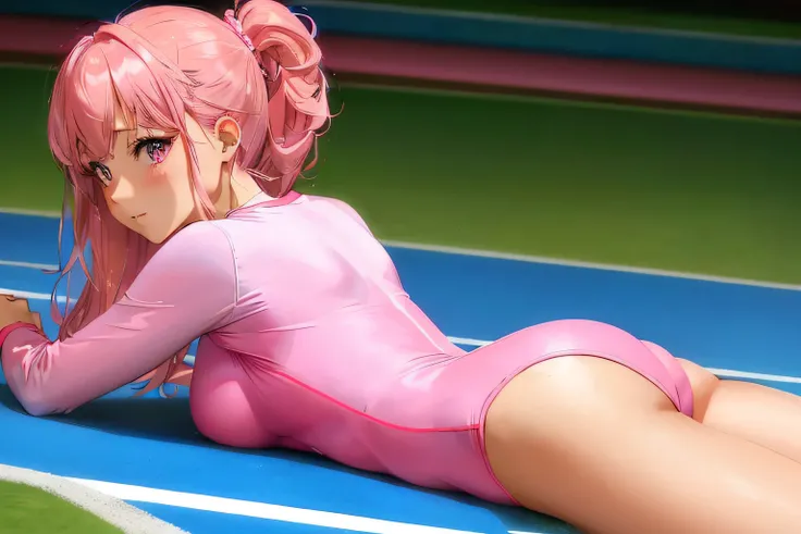 There is a woman in a pink leotard lying in a gymnasium, photorealistic anime girl render, bubblegum body, pink twintail hair and cyan eyes, Smooth Anime CG Art, realistic anime, an anime girl, Realistic anime style, Cute anime girl rendering, Pink body, a...