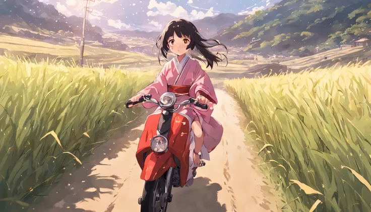 photoRealstic,Kaguya in a kimono, A smile, kawaii, accessorized, Girl riding motorcycle on summer rice field road