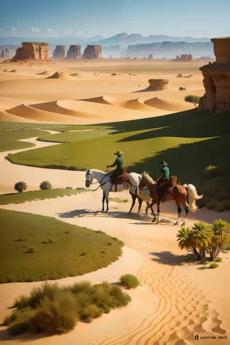 Paisagem , pintura, obra tipo Van Gogh, de um oasis no deserto com camelos, cavalos e uma tenda.