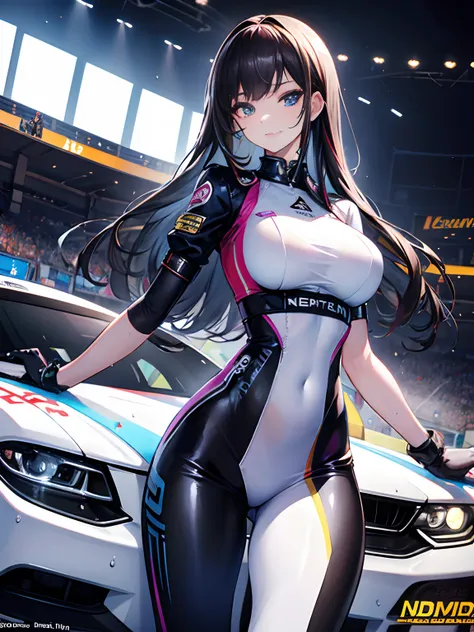 unreal engine 5 realistic rendering, cosplayer, random posing, race queen、uniform with logo、 exquisite beauty、beautiful face, bo...