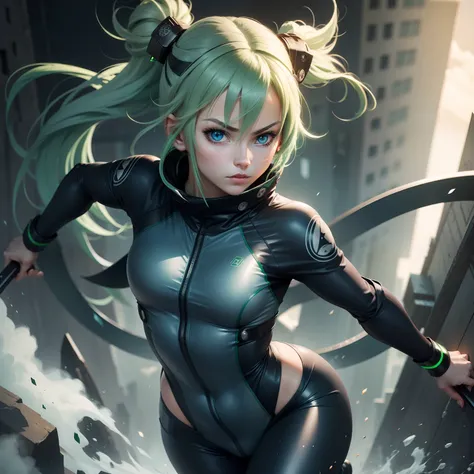 White girl, ninja suit, Green hair, navy BLUE eyes, anemo vision, kunai, shuriken, small girl, anime girl