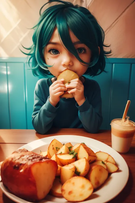 blue hair, short hair, eats potatoes