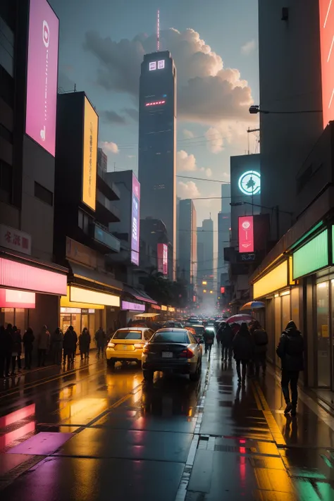 paisagem futuristica, detalhada, em rua automatizada com carros flutuantes, ao entardecer, com chuva, e rua estilo cyberpunk japones