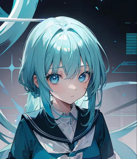 lightblue hair，dual horsetail，Blue pupil，Green and white school uniforms，A cute cute girl