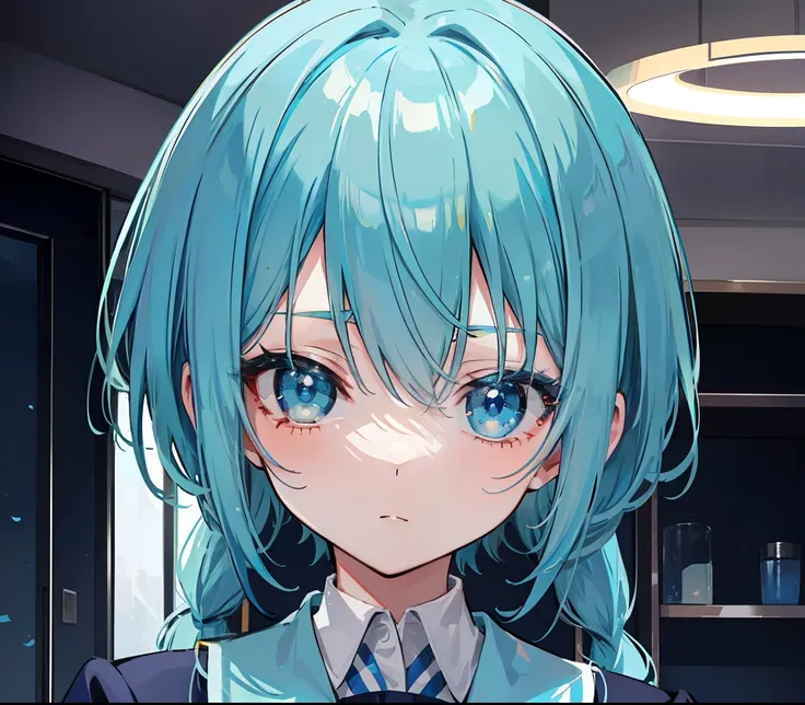 lightblue hair，dual horsetail，Blue pupil，Green and white school uniforms，A cute cute girl