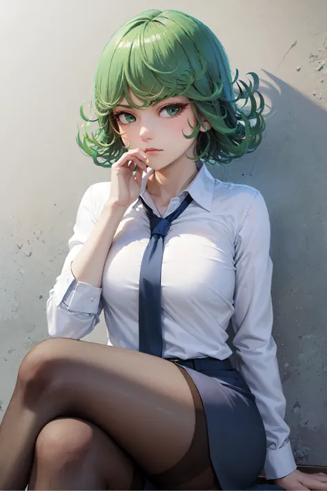 (masterpiece, best quality:1.2), solo, 1girl, tatsumaki, unamused, closed mouth, looking at viewer, hand on own face, sitting, crossed legs, collared shirt, necktie, skirt, pantyhose