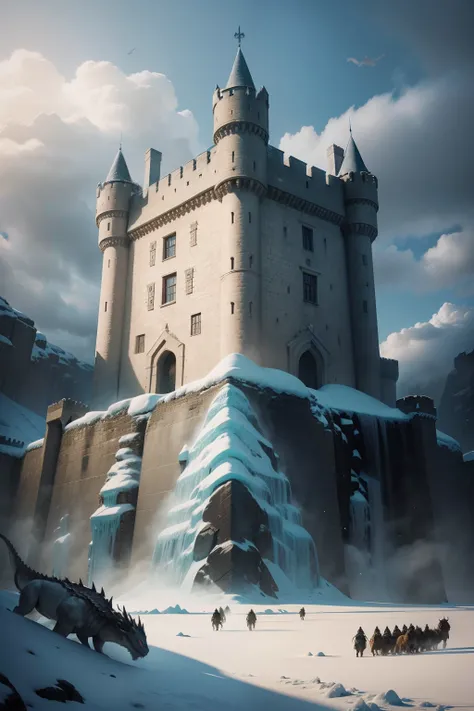 castelo de winterfell, de game of thrones, with army in front and dragons flying in front of the ice wall