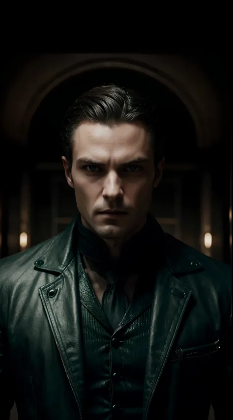 A male vampire with green eyes staring at the camera, edmund blair and charlie bowater, westworld, cinematic, promotional image,a vampire with fangs, altered carbon series, westworld style, inspired by Charles Harold Davis, medium shot