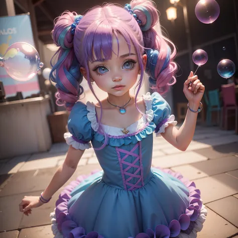 Menina meiga, gentil , Magical child, Vestido longo com as cores do azul e rosa, produces magical soap bubbles, Estilo Disney, Estilo 3D, 8k, majo, cabelos rosa e roxo penteado com coques, olhos azuis, sapato roxo e meias coloridas.