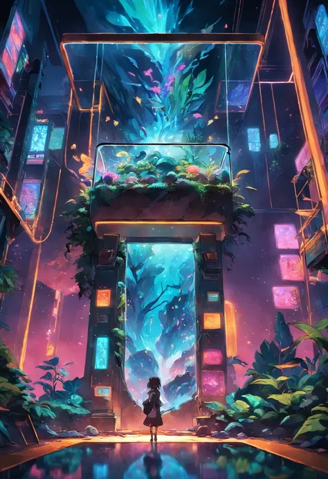 A square rounded edged terrarium, hall full of warter, with a rock inside, metalic neon lights