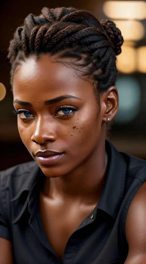 extreme closeup portrait black woman ,(blue eyes), upsweep updo button shirt large freckles at a cantina sitting bar (masterpiece:1.5) (photorealistic:1.1) (bokeh) (best quality) (detailed skin texture pores hairs:1.1) (intricate) (8k) (HDR) (wallpaper) (c...